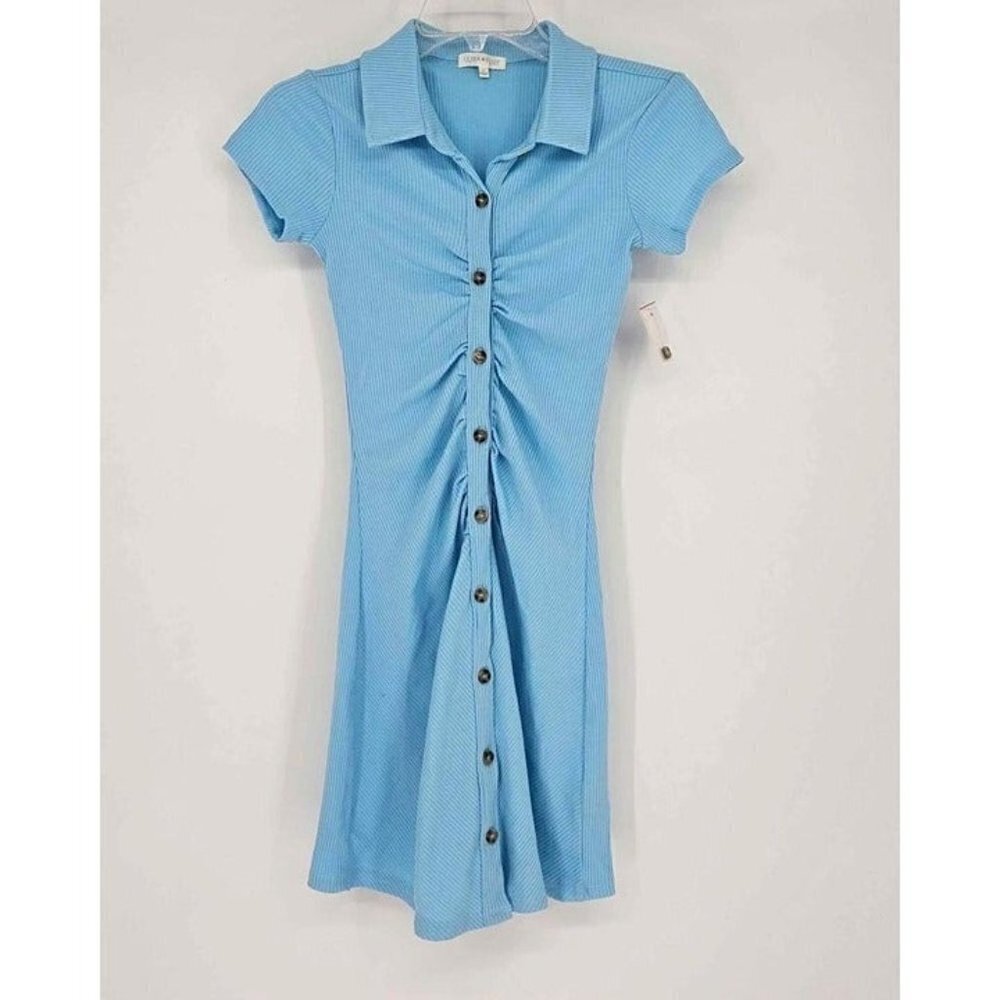 New Ultra Flirt Baby Blue Vertical Strip Button Up Stretch Ruched Shirt …